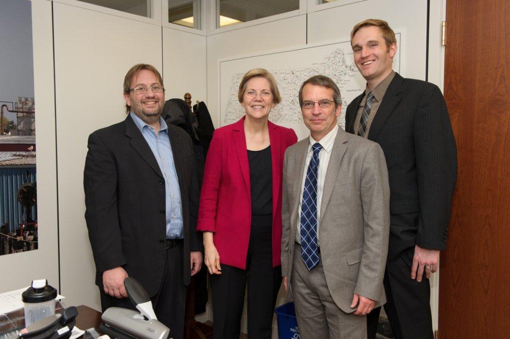 Climate scientists meet with Sen. Elizabeth Warren (MA). Pictured from left to right: Dr. Matt Huber, Sen. Warren, Dr. Eric Davidson, and Erik Hankin.