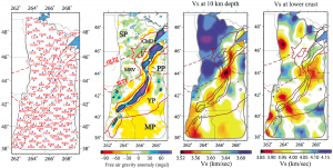 Shear wave speed estimates produced from a 122 TA stations provide a new understanding of the 1.1 billion year old North American Mid-Continent Rift. Comparison to surface gravity field measurements shows that the structure of the continent following the failed rift is significantly more complicated than previously believed. Figure Modified from Shen et al. (2013), doi:10.1002/jgrb.50321
