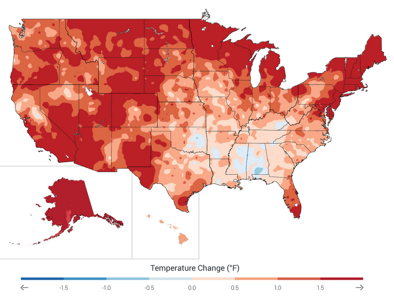 Temperature changes in the United States from 1991-2012, relative to the 1901-1960 average for the lower 48 states and the 1951-1980 average for Alaska and Hawai’i. In the U.S., 7 of the 10 warmest years on record have occurred since 1998. (Source: Third U.S. National Climate Assessment, NOAA NCDC / CICS-NC.)